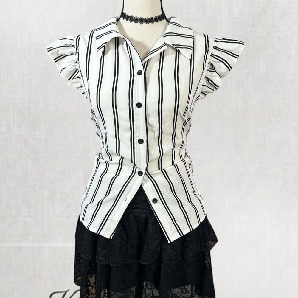 Coquette Preppy Vertical Striped White and Black Ruffle Sleeve Button Blouse